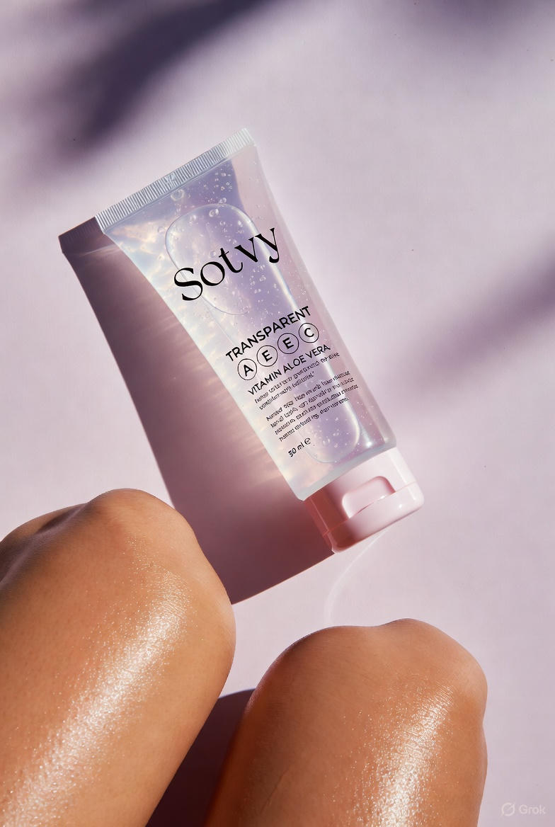 Гель Sotvy для увлажнения кожи - общий вид: тюбик геля на светлом фоне с изображением здоровых коленей